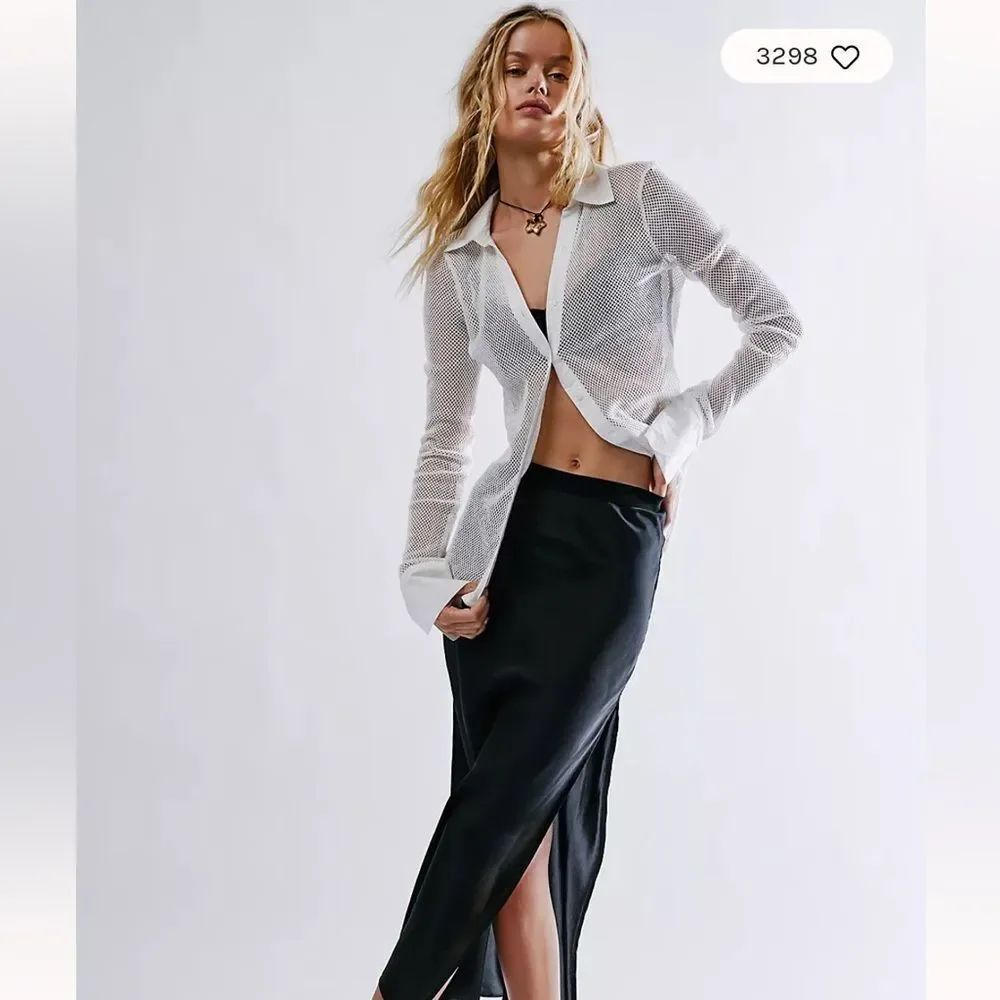 Free People White Siggi Open Knit Button Down Shirt Top Small